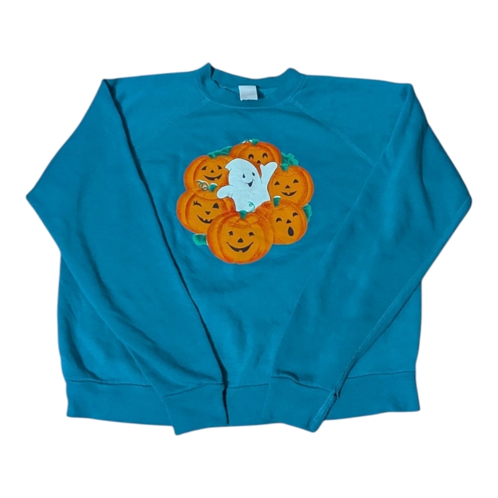 Vintage Halloween Pumpkin Ghost Sweatshirt Large Teal Blue Made in USA 90s Y2K